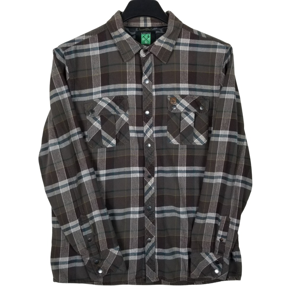 HippyTree Flannel Shirt Mens Large Brown Plaid Nomad Division Snap Front Cotton‎